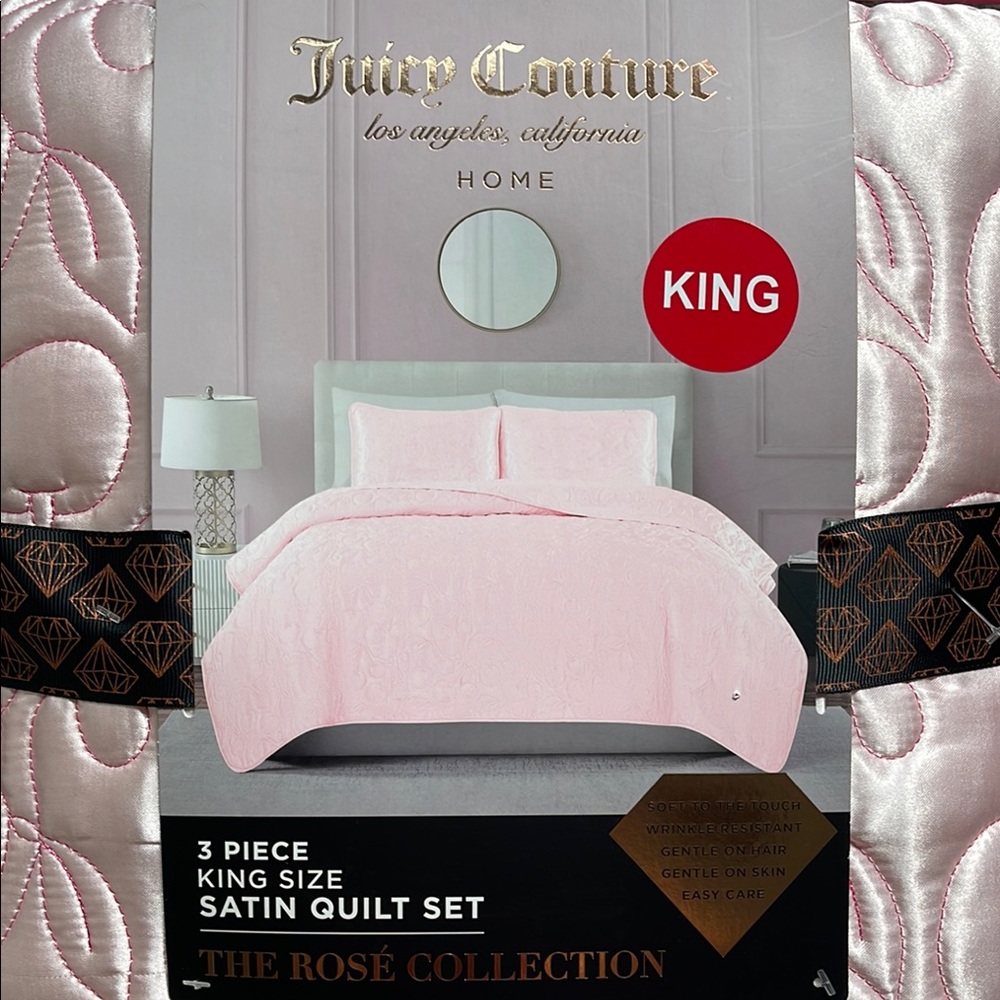 Juicy Couture Luxurious Satin Cherry Print King Size 3 Piece Quilt & Sham Set - Picture 3 of 10